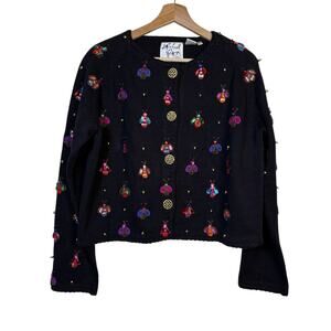 Michael Simon Beaded Bugs Cardigan Large Embroidered Whimsy Quirky Grandma 90s
